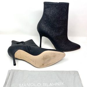 Manolo Blahnik Insopo Black Glitter Booties Heels